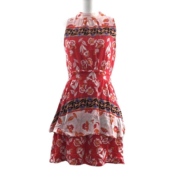 Parker Red Pink Floral Aurora Fit & Flare Silk Dress Womens 0 Boho Patchwork‎ - Picture 1 of 11